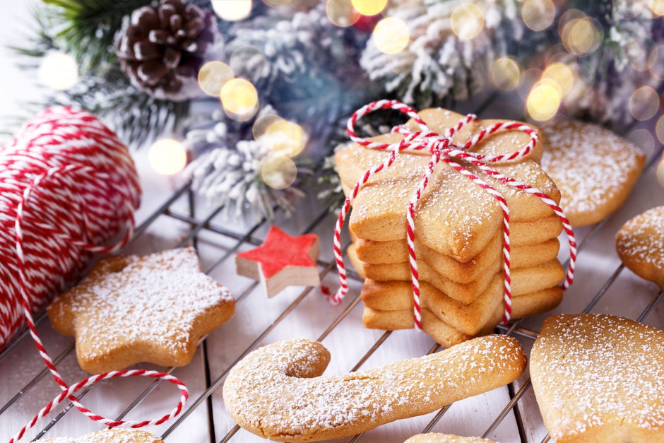 Christmas biscuits tied with red and white string