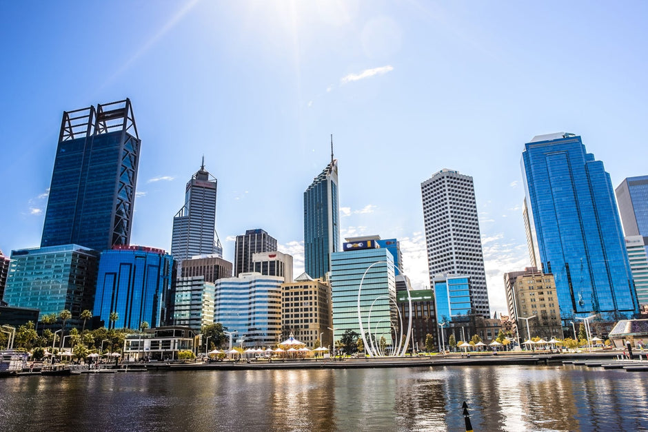 Office towers in the Perth CBD under a blue sky