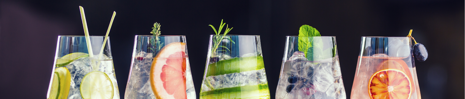 Five glasses of clear cocktails with ice, each garnished differently with lime, grapefruit, cucumber, rosemary, mint, thyme, blueberries, and an orange slice, against a dark background.