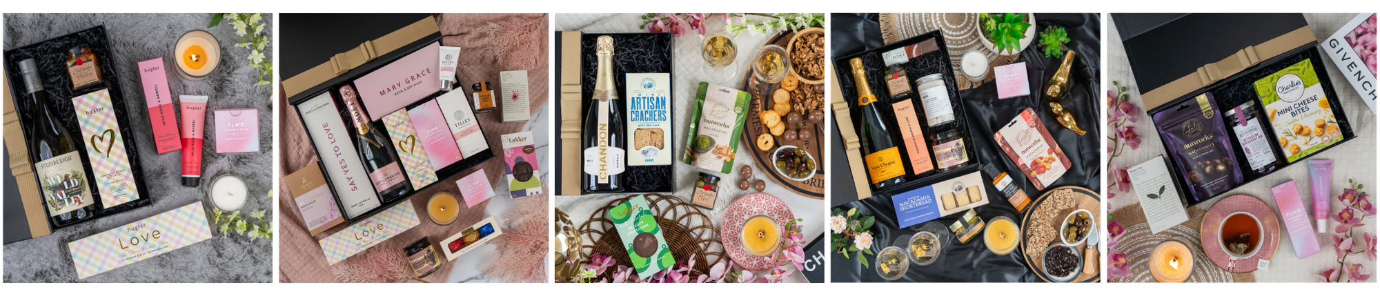 Five flat-lay images showcase assorted gift boxes filled with candles, snacks, teas, and self-care items, displayed on various backgrounds with decorative flowers, ribbons, and cozy accents.