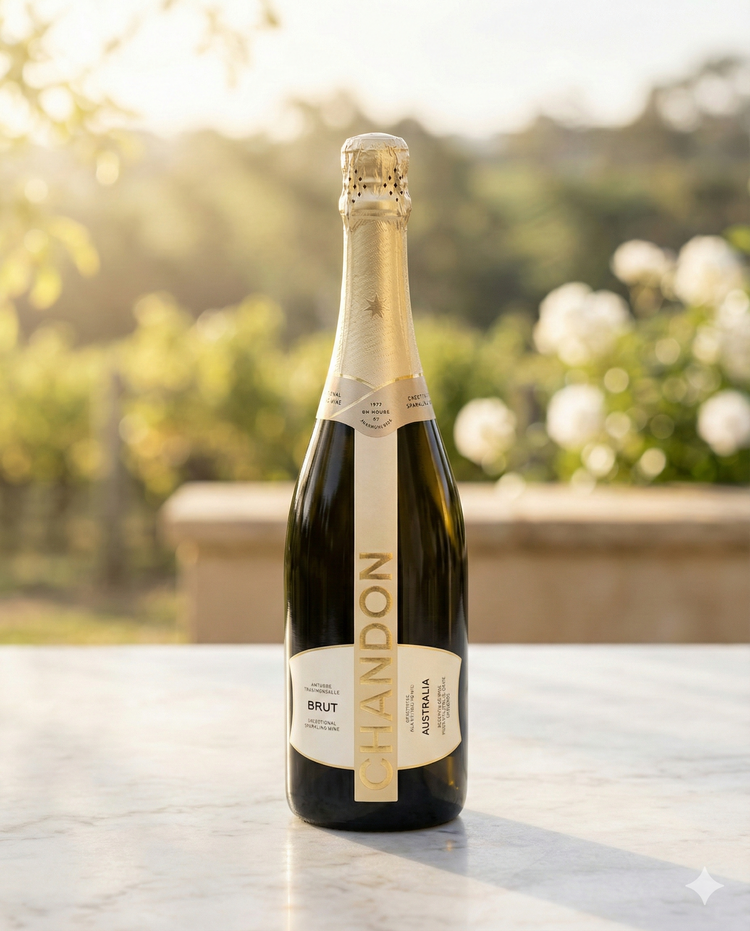 A bottle of Chandon Brut NV sparkling wine rests on a marble surface outdoors, with sunlit greenery and white flowers softly blurred in the background.