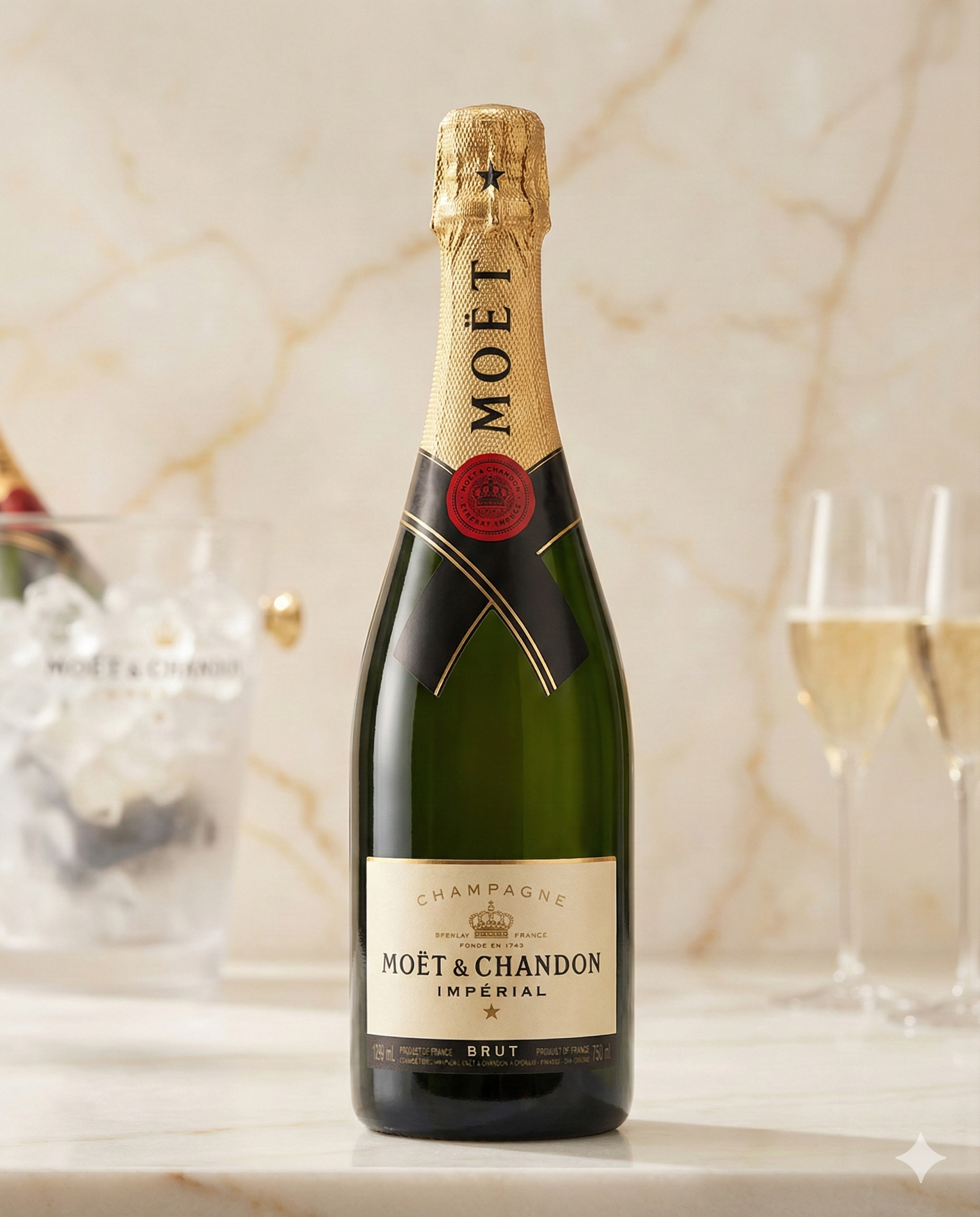 A bottle of Moet and Chandon Brut Imperial Champagne NV sits on a marble surface, accompanied by two filled champagne flutes and an ice bucket in the blurred background.