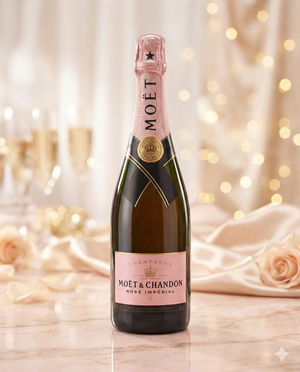 A bottle of Moet and Chandon Rosé Imperial Champagne NV is displayed on a marble surface with soft peach roses, two filled flutes, and warm blurred lights in the background.
