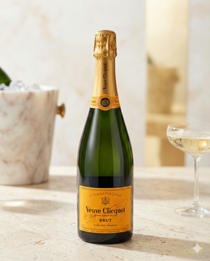 A bottle of Veuve Clicquot Brut NV stands on a light surface, accompanied by a glass of champagne and an ice bucket in the softly blurred background.