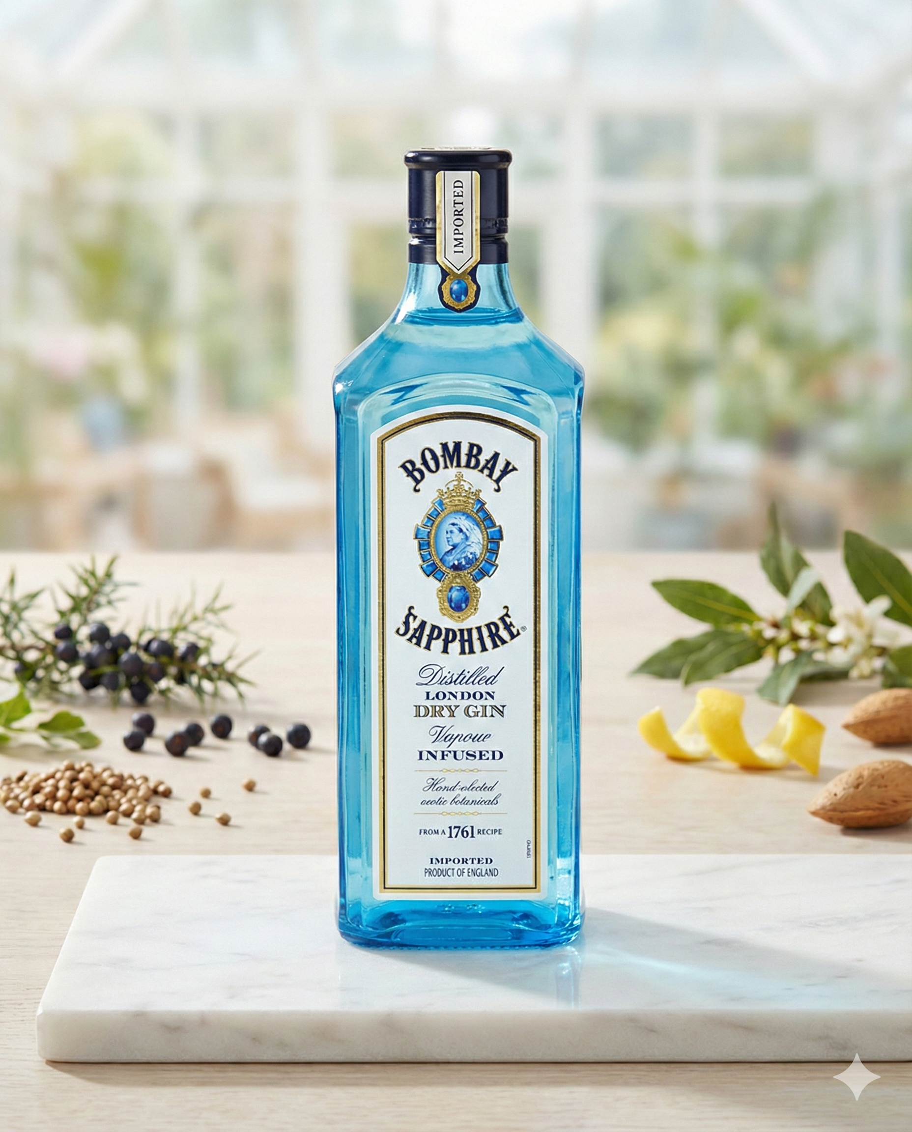 A blue bottle of Bombay Sapphire London Dry Gin sits on marble, surrounded by botanicals like juniper berries, lemon, and herbs, with a softly blurred sunlit room in the background.
