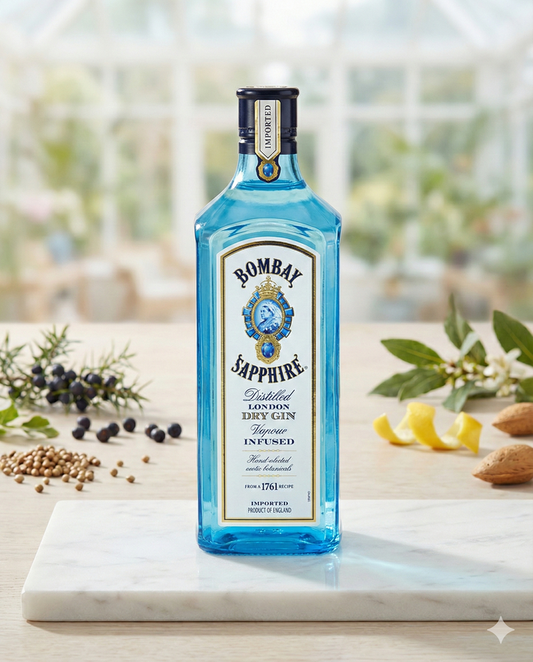 A blue bottle of Bombay Sapphire London Dry Gin sits on marble, surrounded by botanicals like juniper berries, lemon, and herbs, with a softly blurred sunlit room in the background.