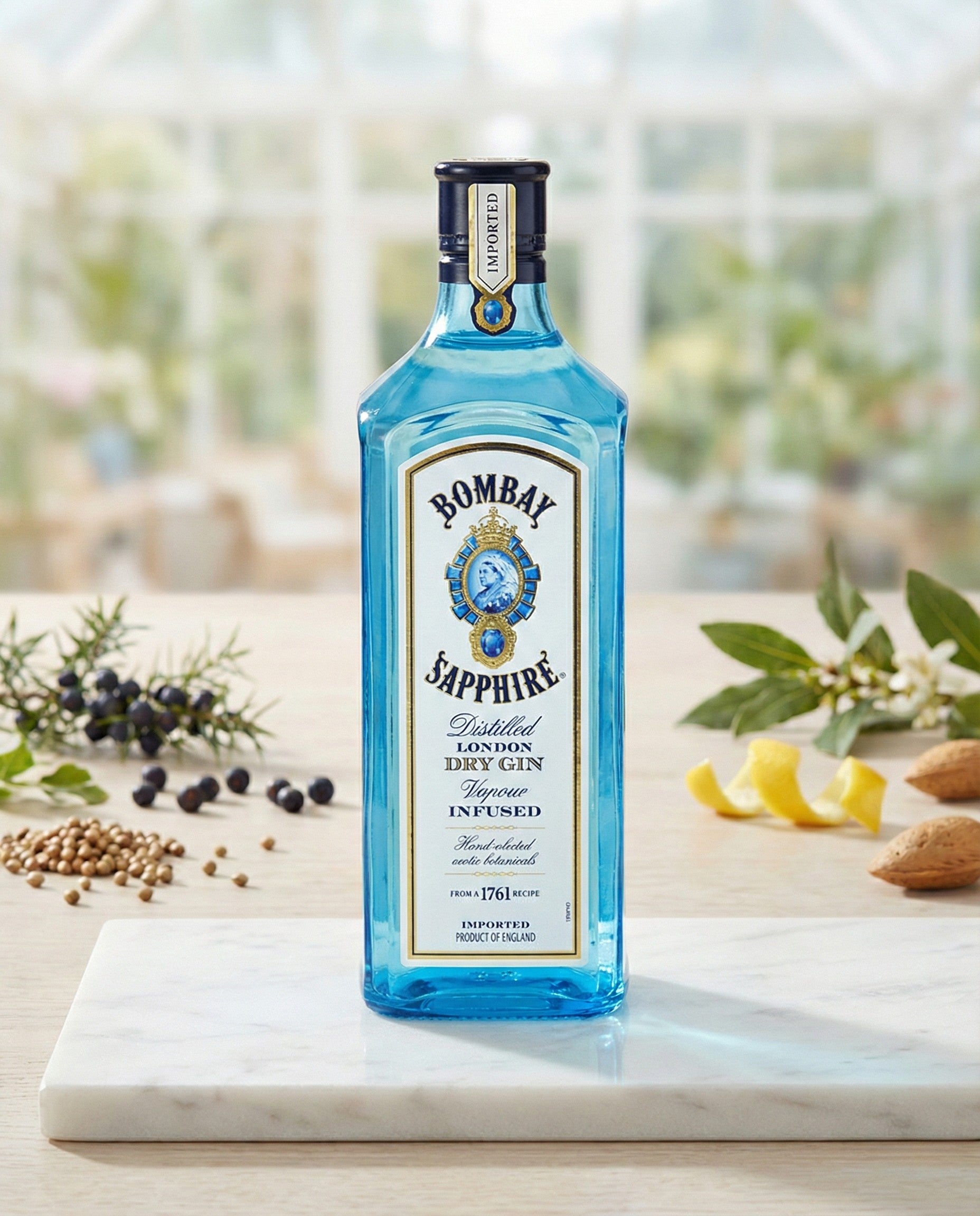 A blue bottle of Bombay Sapphire London Dry Gin stands on a marble surface, accompanied by botanicals such as juniper berries, almonds, and lemon peels, with a blurred garden in the background.