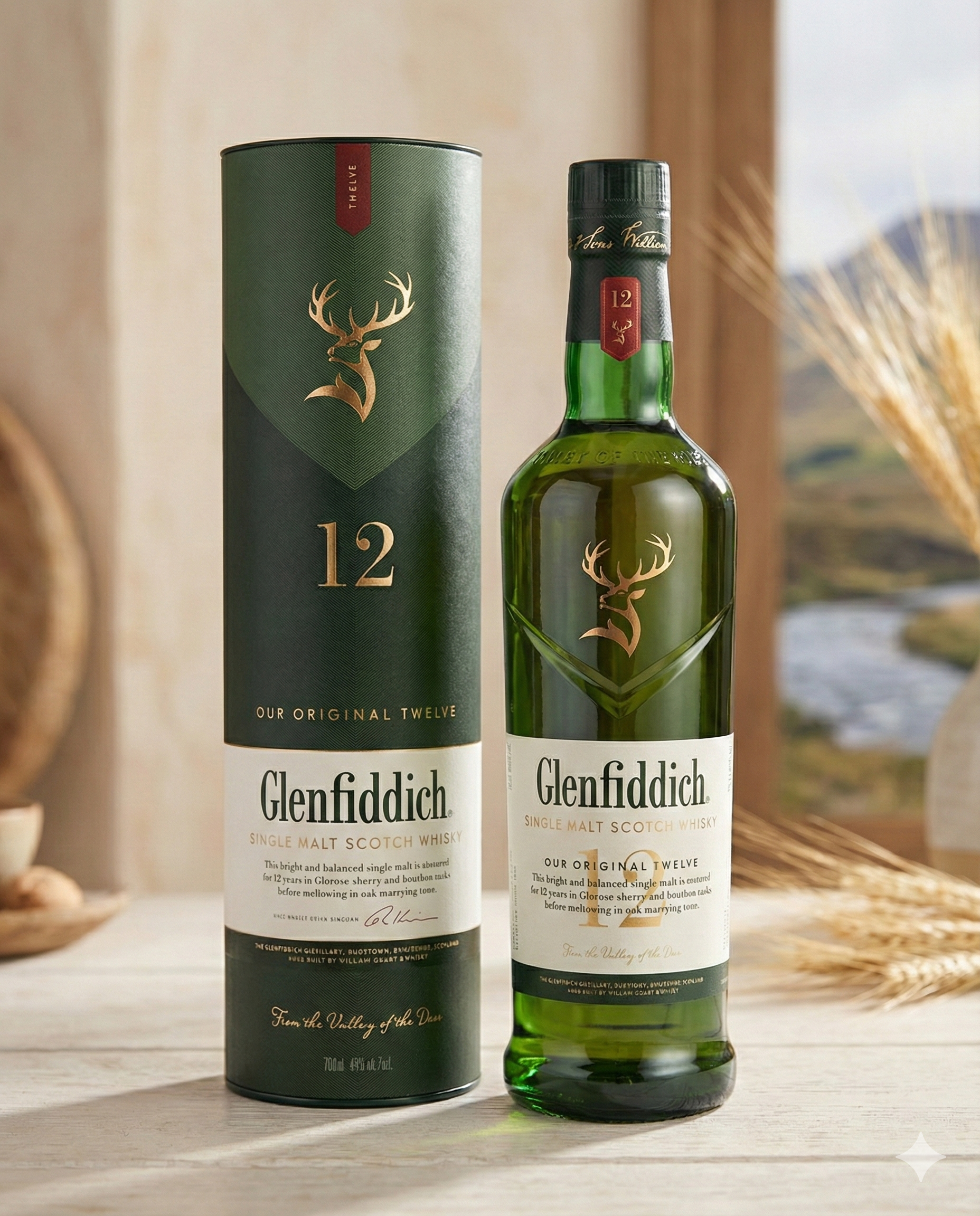 A bottle of Glenfiddich 12-Year-Old Whisky sits beside its green box on a light wooden table, with a blurred countryside scene in the background.
