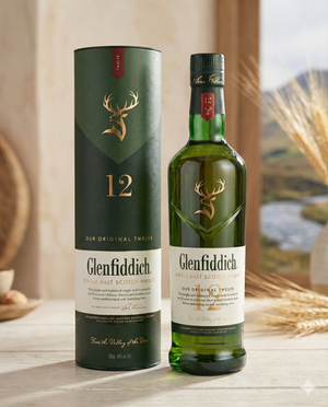 A bottle of Glenfiddich 12-Year-Old Whisky sits beside its green box on a light wooden table, with a blurred countryside scene in the background.