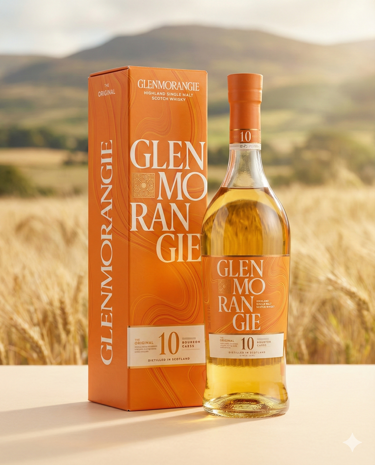 A bottle and box of Glenmorangie The Original 10-Year-Old Whisky, with bright orange and gold packaging, are on a table against a scenic, sunlit field and rolling hills backdrop.