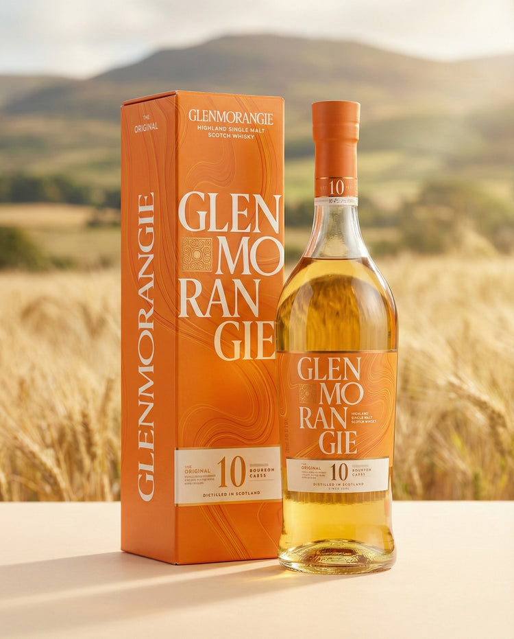 A bottle and box of Glenmorangie The Original 10-Year-Old Whisky stand in a golden wheat field with hills blurred in the background. The orange packaging features white and gold text.