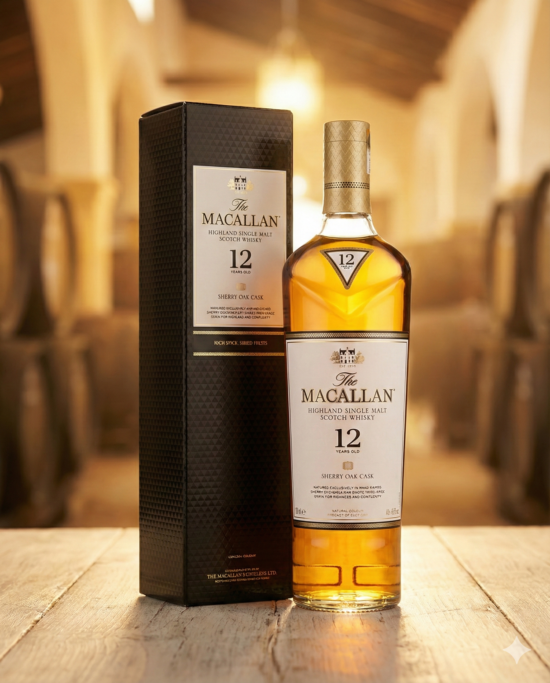 A bottle of The Macallan 12-Year-Old Sherry Oak Whisky stands next to its black and gold box on a wooden surface, with blurred whisky barrels in the background.
