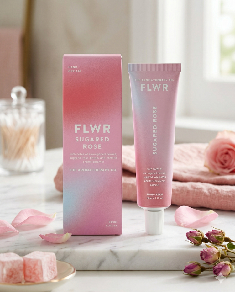 A tube and box of The Aromatherapy Company Sugared Rose Hand Cream rest on marble, surrounded by pink roses, rose buds, soft towels, and pink sugar cubes for a soft, elegant floral display.