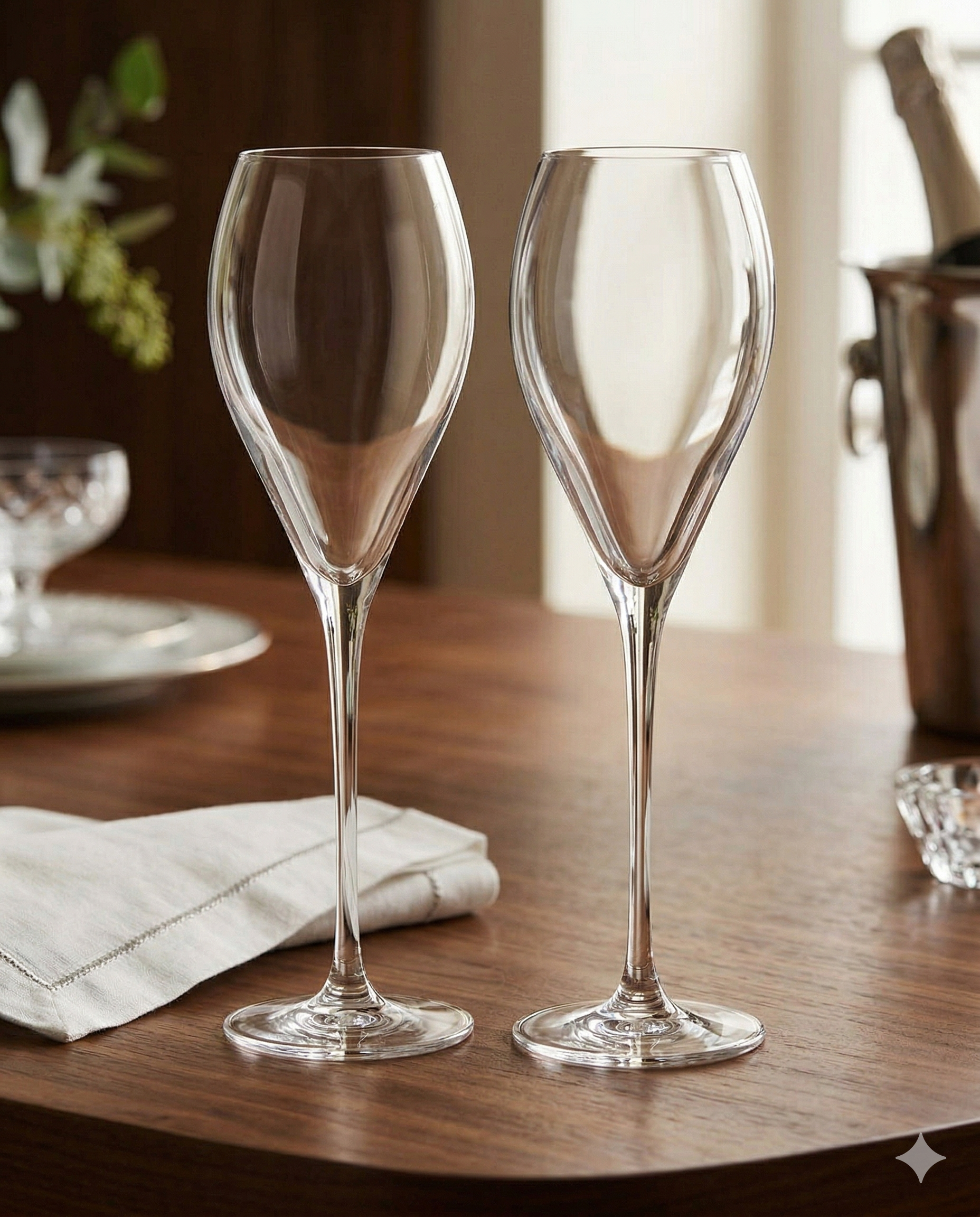 The Krosno Duet Flute set, featuring two elegant champagne glasses, stands on a wooden table beside a folded white napkin, with a wine cooler and glass dish softly lit in the background.