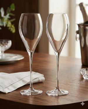 The Krosno Duet Flute set, featuring two elegant champagne glasses, stands on a wooden table beside a folded white napkin, with a wine cooler and glass dish softly lit in the background.