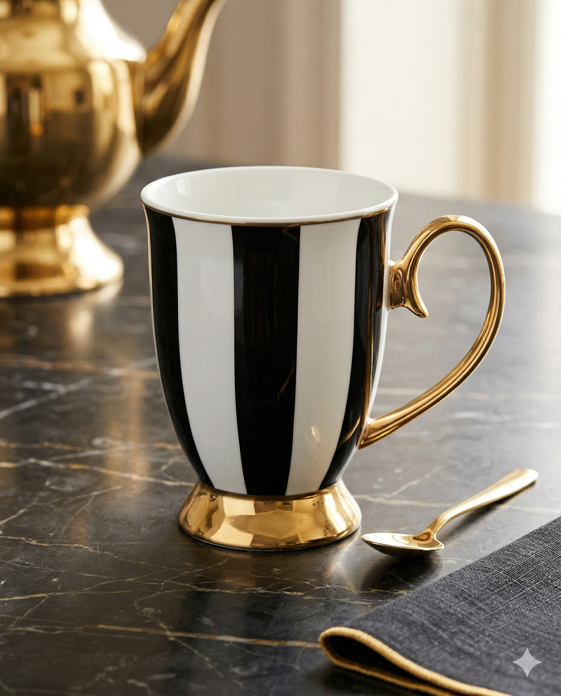 The Mug Ebony by Cristina Re, a black and white striped porcelain cup with a gold handle and base, rests on a marble table next to a matching gold spoon and a gold teapot in the background.