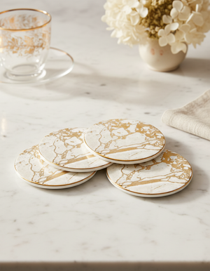 The Cristina Re White Celestite Set of 4 round drink coasters with a white marble pattern and gold veining are stacked on a white marble table, with a glass teacup, beige napkin, and vase of white flowers in the background.