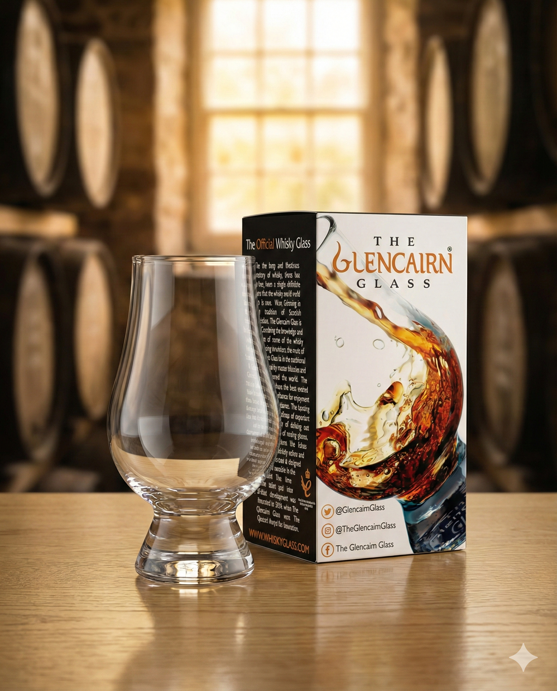 A Glencairn Whisky Glass is placed beside its branded box on a wooden surface, with large whisky barrels and warm sunlight blurred in the background. The box displays an image of whisky being poured and Glencairn branding.