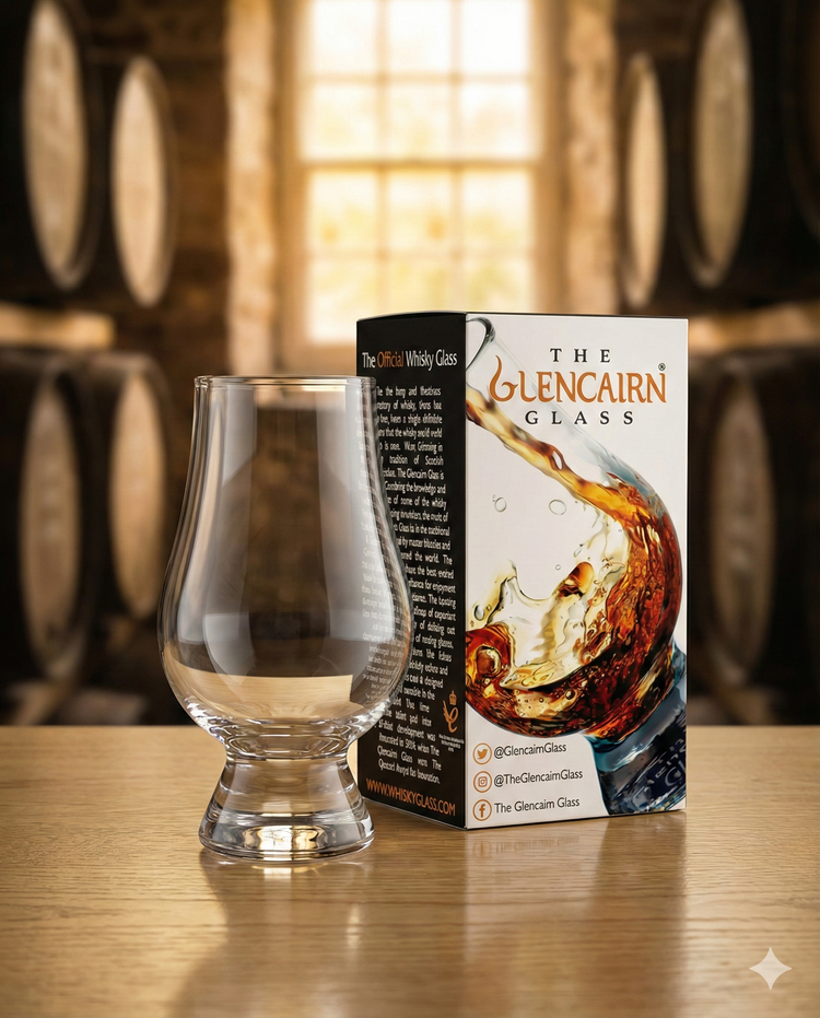 A Glencairn Whisky Glass is placed beside its branded box on a wooden surface, with large whisky barrels and warm sunlight blurred in the background. The box displays an image of whisky being poured and Glencairn branding.