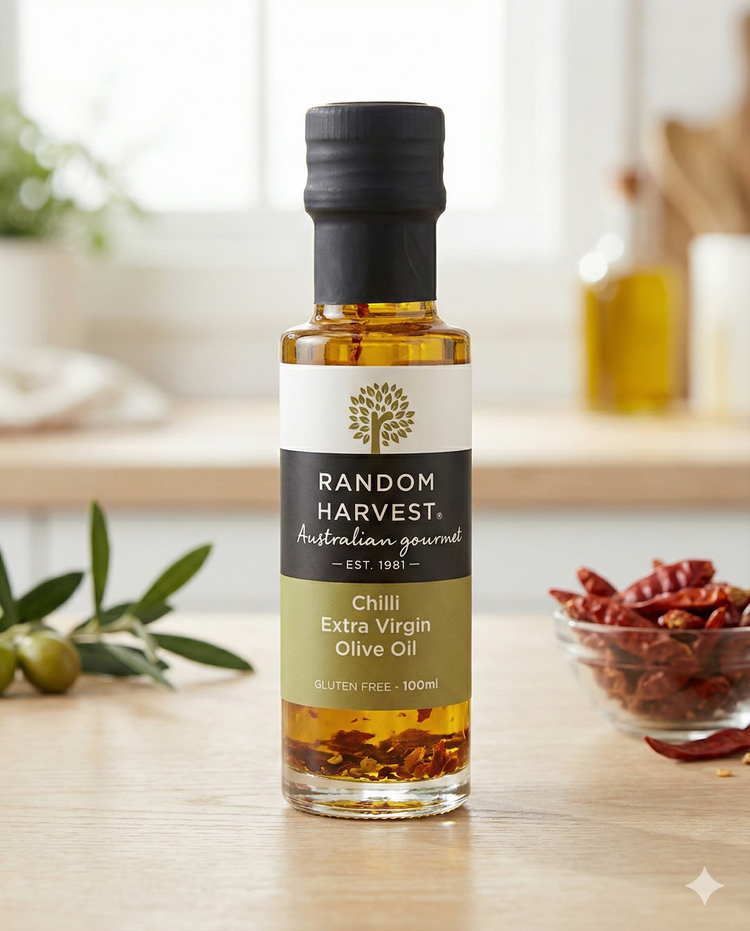 A bottle of Random Harvest Chilli Infused Extra Virgin Olive Oil sits on a kitchen counter, surrounded by a bowl of dried chilies, an olive branch, and another oil bottle in the background.