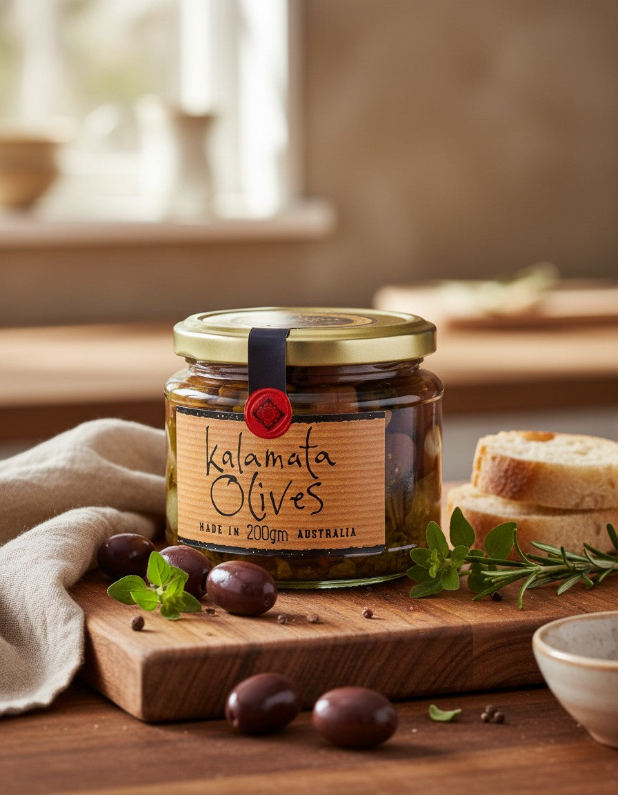 A jar of Ogilvie and Co Kalamata Olives is displayed on a wooden board alongside fresh Kalamata olives, slices of bread, herbs, and peppercorns in a softly lit kitchen setting.