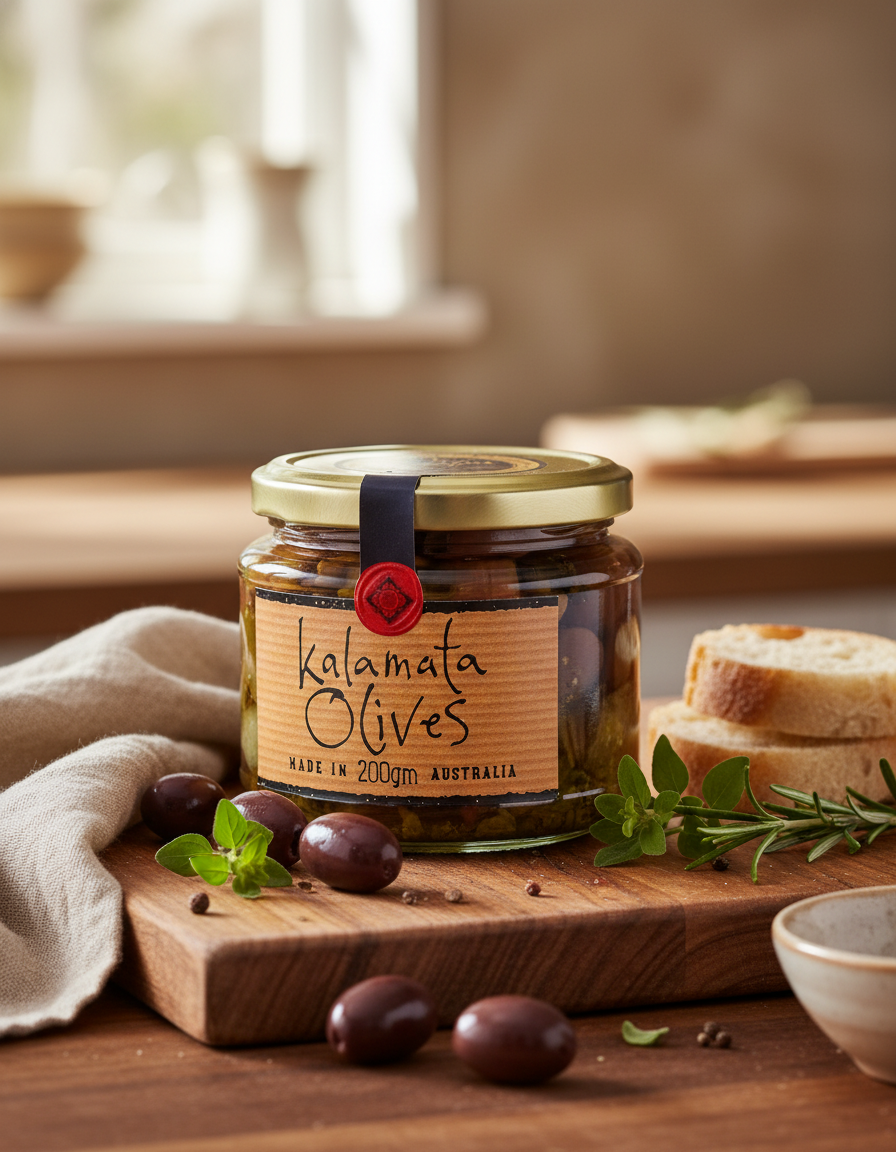 A jar of Ogilvie and Co Kalamata Olives sits on a wooden board with fresh herbs, olive branches, bread slices, and a beige cloth in a softly lit kitchen.