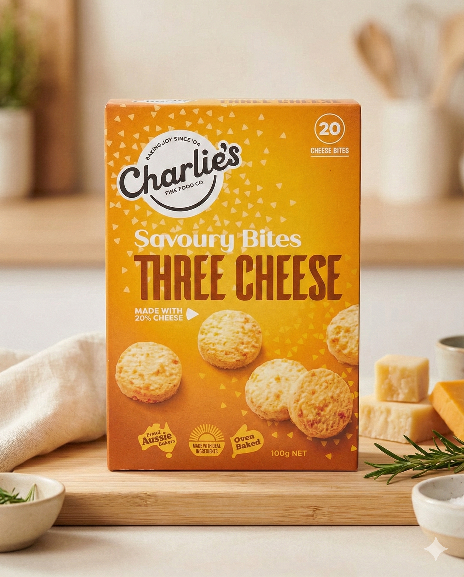 A box of Charlie's Three Cheese Mini Cheese Bites sits on a wooden surface, surrounded by cheese blocks, fresh rosemary, and kitchen items. The orange box features images of the cheesy bites.