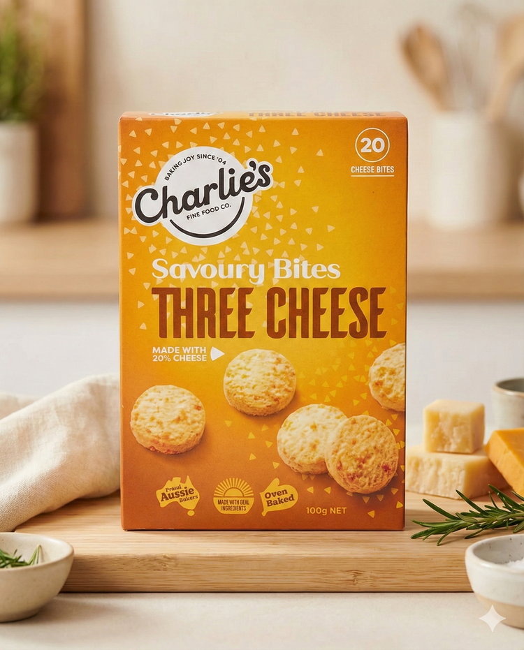 A box of Charlie's Three Cheese Mini Cheese Bites sits on a wooden surface, surrounded by cheese blocks, fresh rosemary, and kitchen items. The orange box features images of the cheesy bites.
