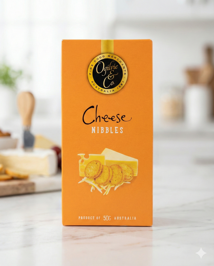 An orange box of Ogilvie and Co Cheese Nibbles rests on a white kitchen counter, with cheese and other kitchen items blurred in the background. The packaging features images of crackers and shredded cheese.