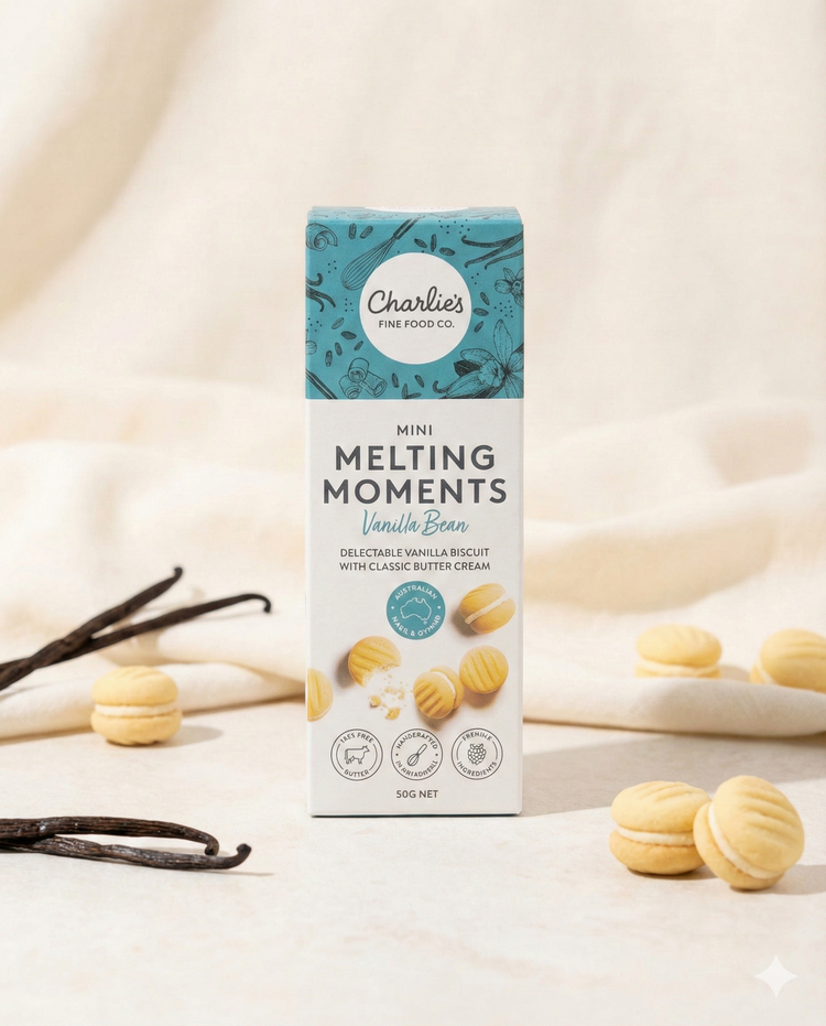 A box of Charlie's Vanilla Bean Mini Melting Moments Biscuits stands upright, surrounded by several vanilla biscuits and vanilla bean pods on a light, soft fabric background.