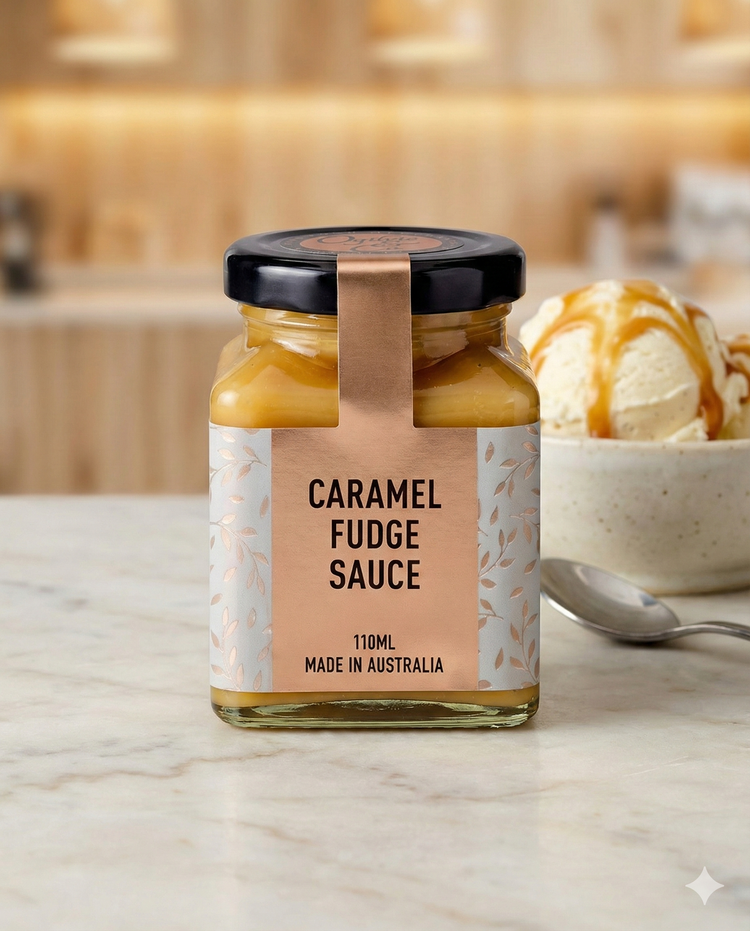 A jar of Ogilvie and Co Caramel Fudge Sauce (110ml, Made in Australia) with a gold label sits on a marble counter. In the background are a bowl of vanilla ice cream drizzled with caramel and a spoon.
