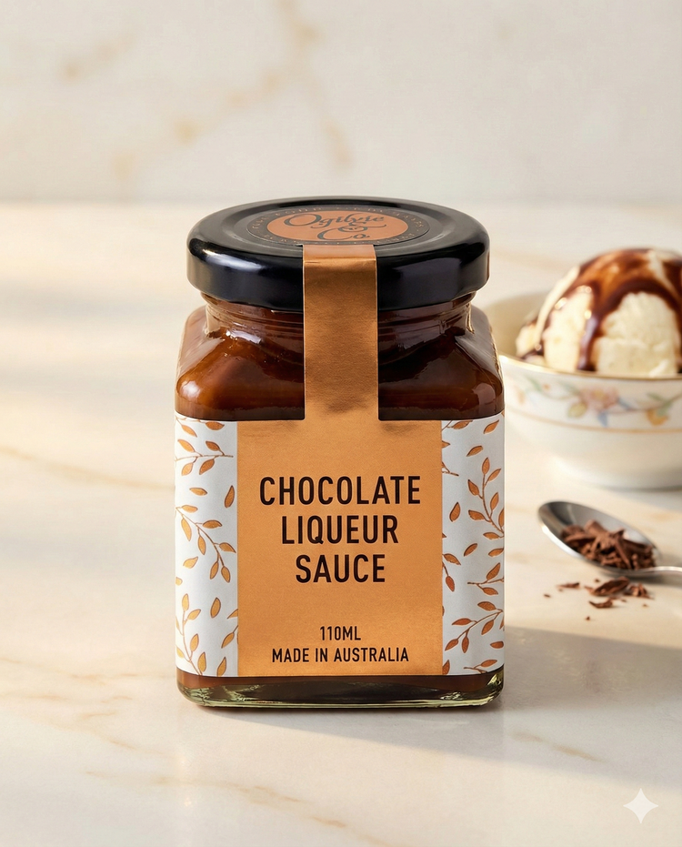 A jar of Ogilvie and Co Chocolate Liqueur Sauce (110ml, Made in Australia) sits on marble, with a bowl of vanilla ice cream topped with the sauce and chocolate shavings on a spoon in the background.