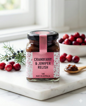 A jar of Ogilvie and Co Cranberry and Juniper Relish rests on a white surface, surrounded by fresh cranberries, juniper sprigs, and a small dish of relish, with a blurred window in the background.