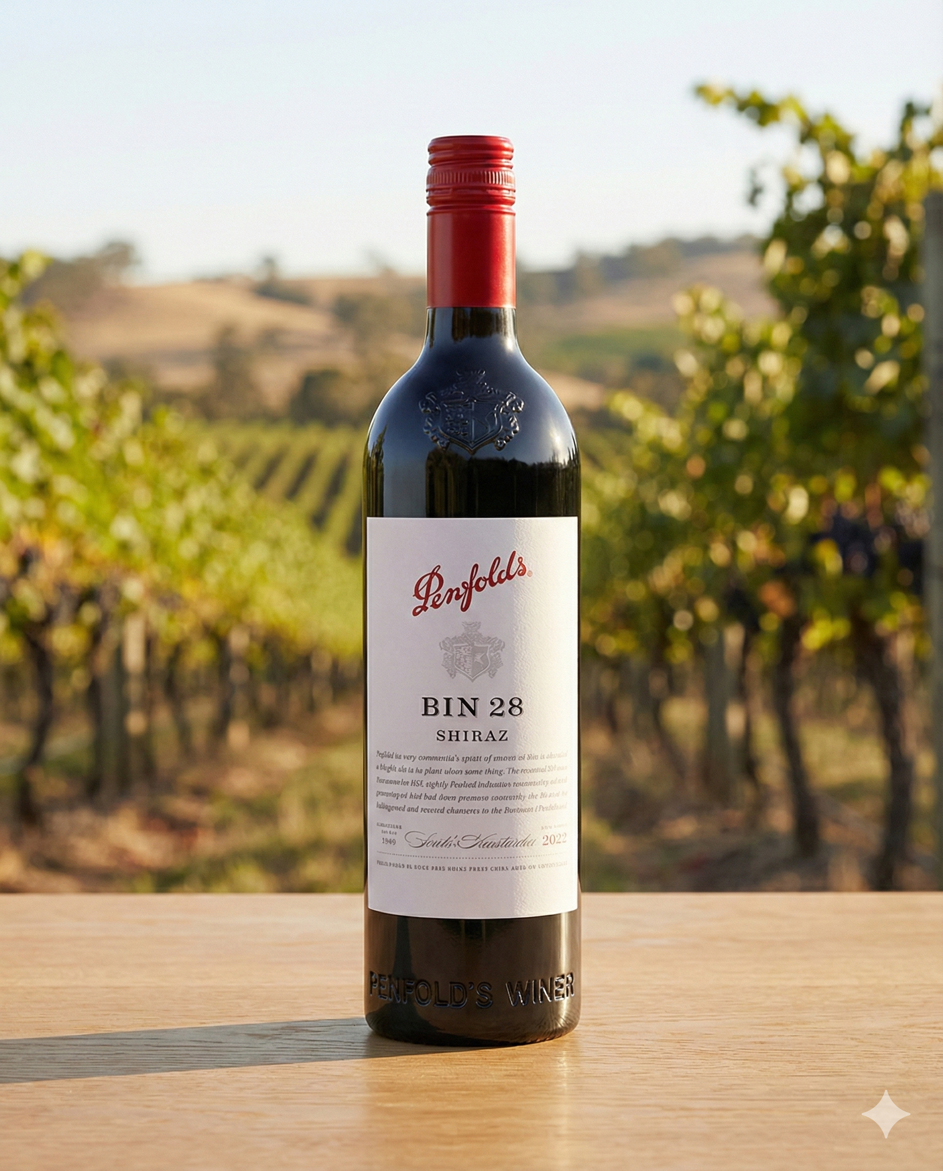 A bottle of Penfolds Bin 28 Shiraz 2019, topped with a red cap, is displayed outdoors on a wooden surface, with blurred vineyard rows and hills in the background.