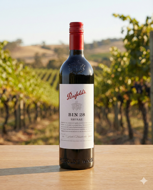 A bottle of Penfolds Bin 28 Shiraz 2019, topped with a red cap, is displayed outdoors on a wooden surface, with blurred vineyard rows and hills in the background.
