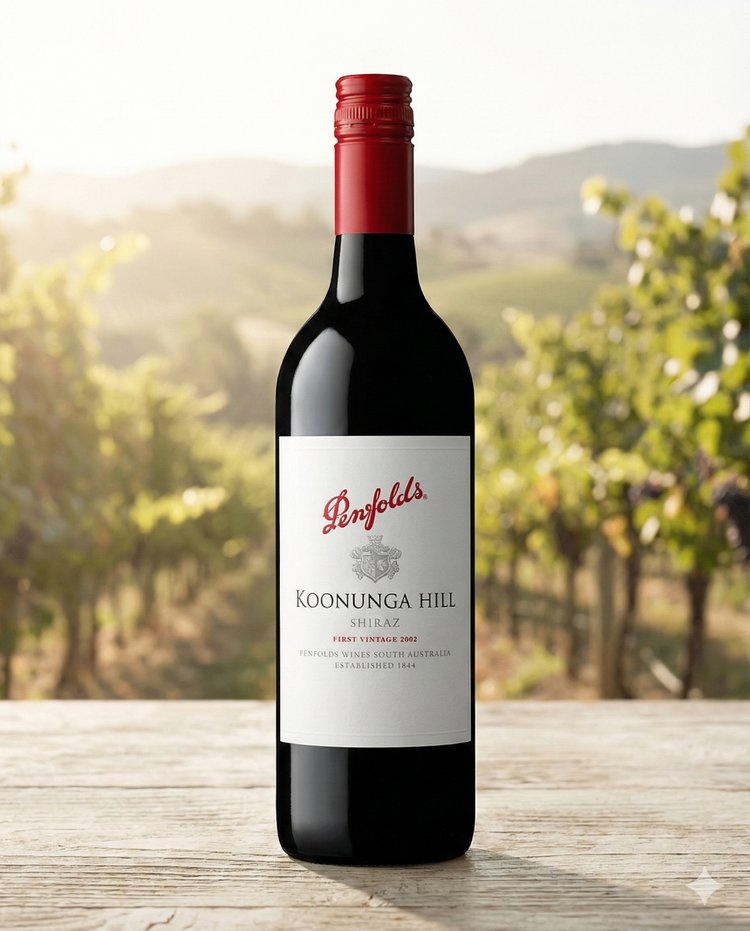 A bottle of Penfolds Koonunga Hill Shiraz is displayed on a light wood surface, with a blurred vineyard and rolling hills in the background.