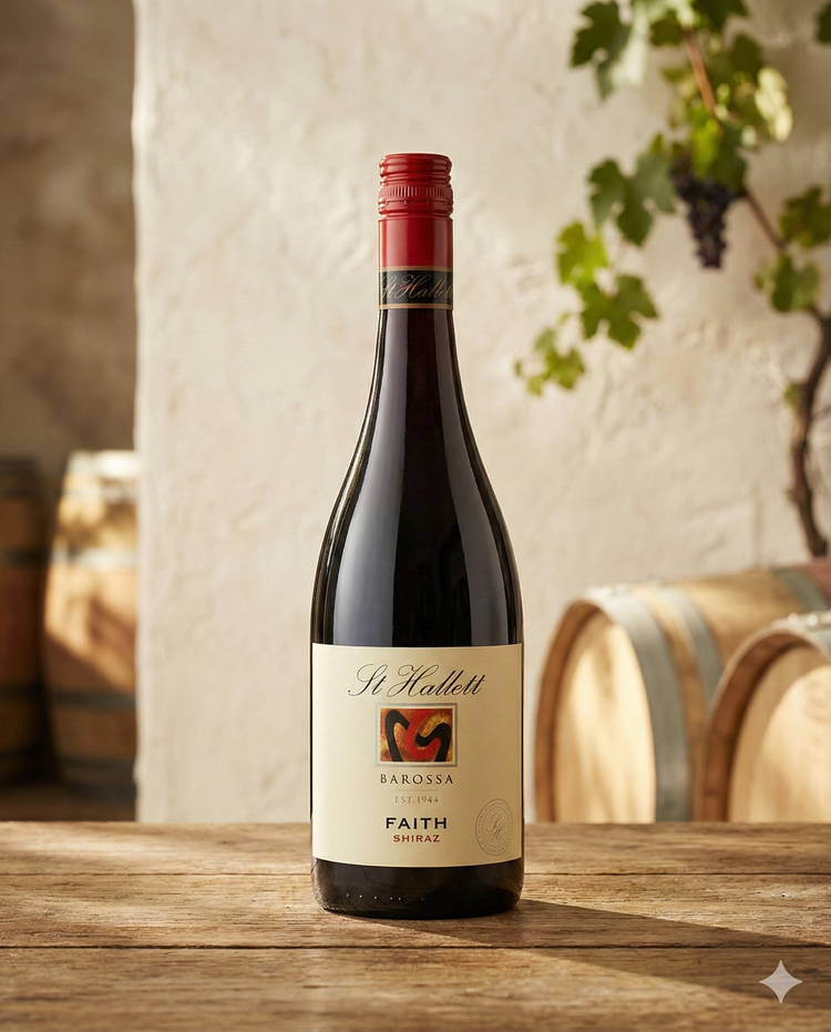 A bottle of St Hallett Faith Shiraz rests on a wooden table, with wine barrels, a grapevine overhead, and sunlight on a rustic wall in the background.
