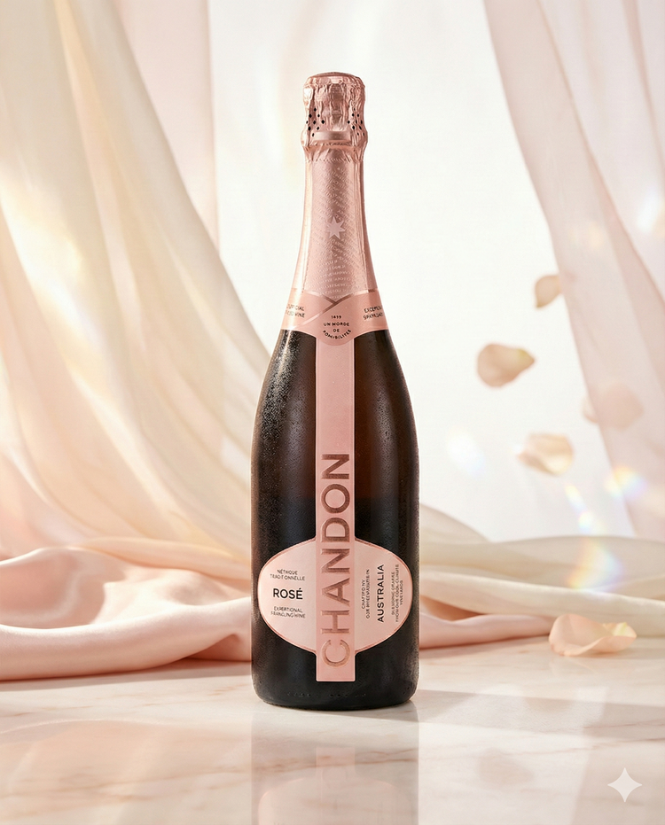 A bottle of Chandon Rosé NV sparkling wine rests on a marble surface, with soft pink and cream fabric plus floating rose petals in the blurred background.