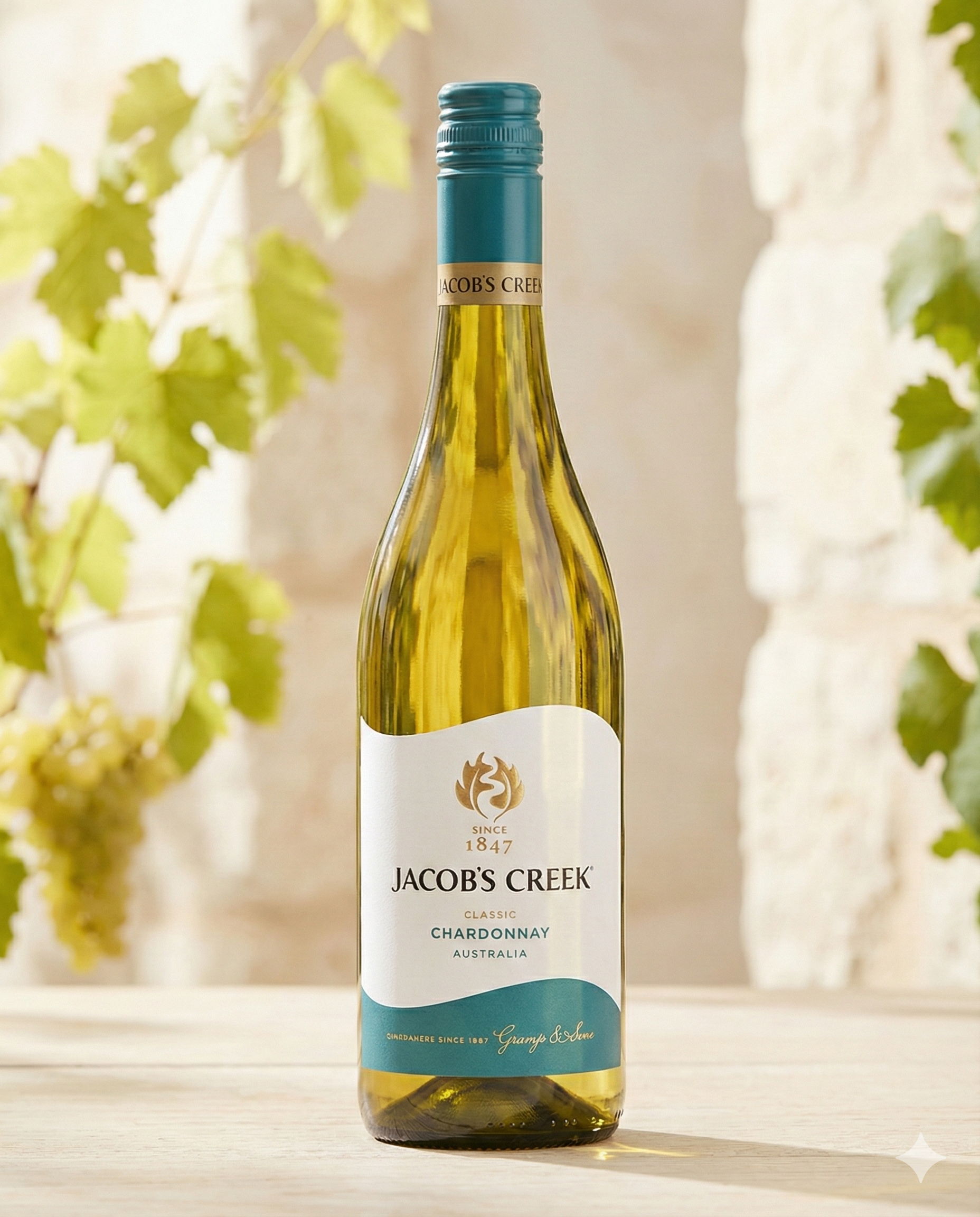 A bottle of Jacob's Creek Classic Chardonnay, featuring a teal label and cap, stands on a light wooden surface with grapevine leaves and a sunlit stone wall in the background.