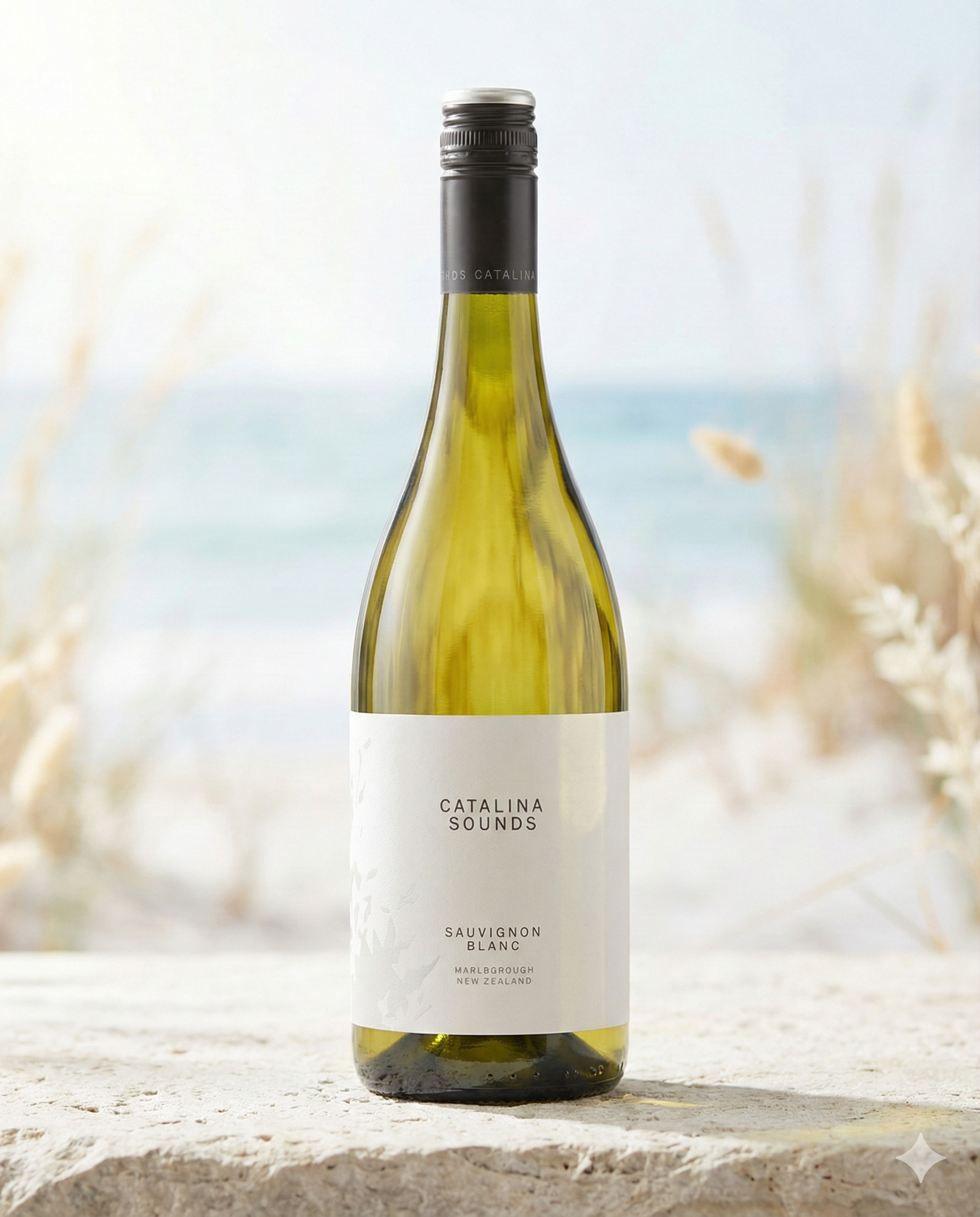 A bottle of Catalina Sounds Sauvignon Blanc rests on stone with a blurred beach and ocean backdrop. Dried grasses and soft sunlight evoke a relaxed, coastal vibe.