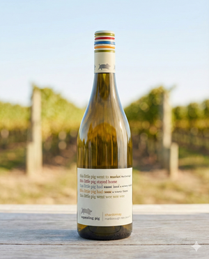 A bottle of Squealing Pig Chardonnay rests on a wooden surface outdoors, with a vineyard and clear sky behind it. Its label features playful text inspired by the little pig nursery rhyme.