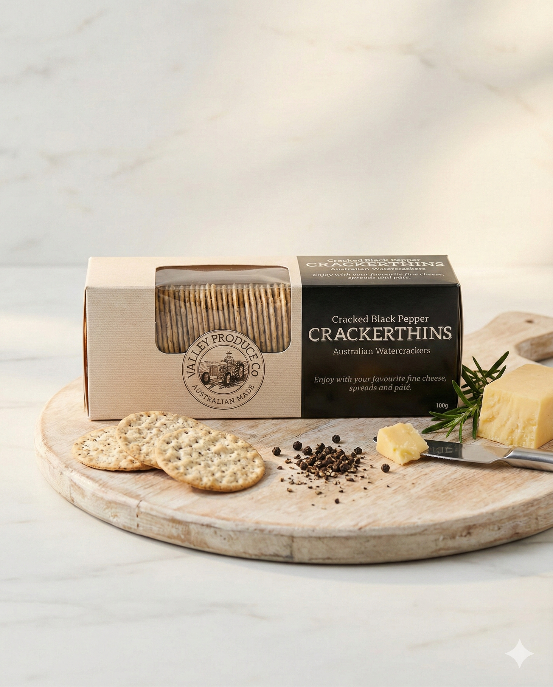 A box of Valley Produce Company Cracker Thins Cracked Black Pepper sits on a round wooden board with several crackers, cheese, a cheese knife, and scattered black peppercorns atop a light marble surface.