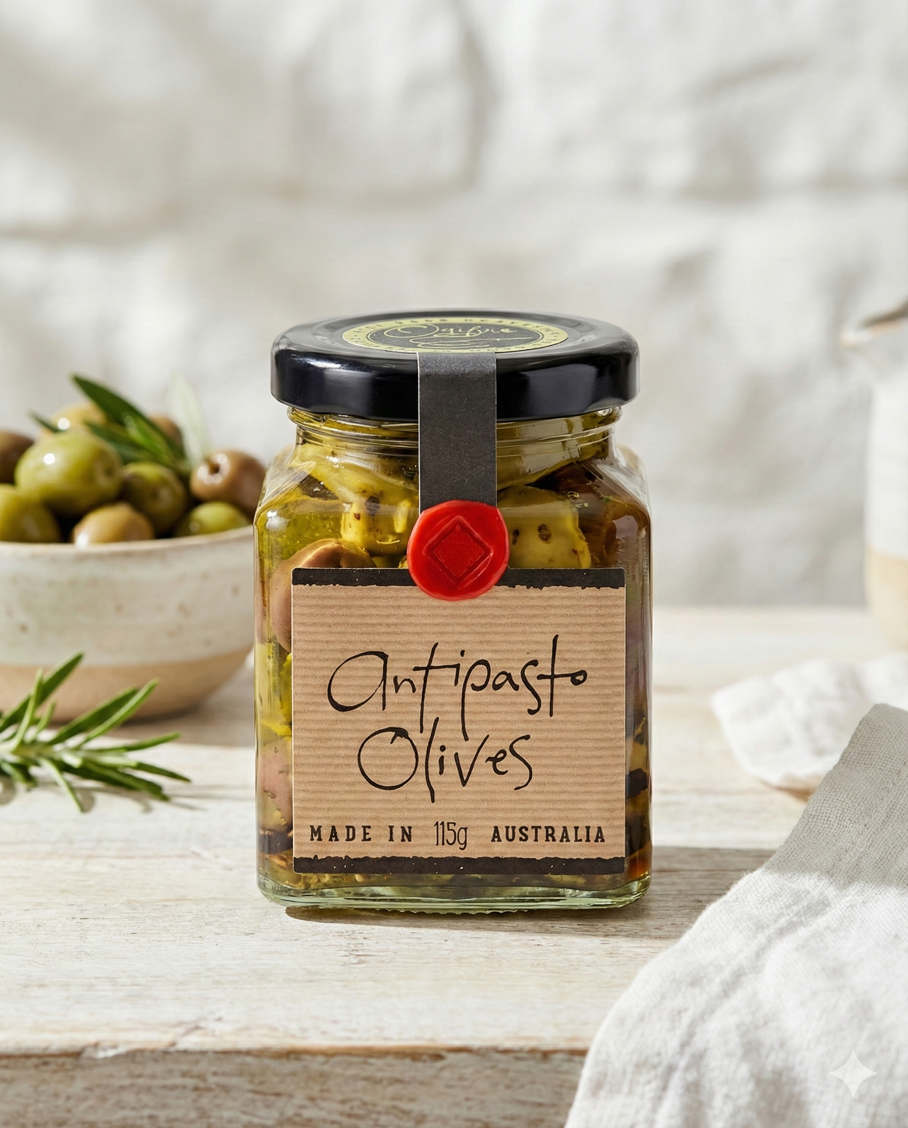 A glass jar of Ogilvie and Co Antipasto Olives with a black lid and red seal rests on a light wooden surface, surrounded by a white cloth, a bowl of olives, and a sprig of rosemary.