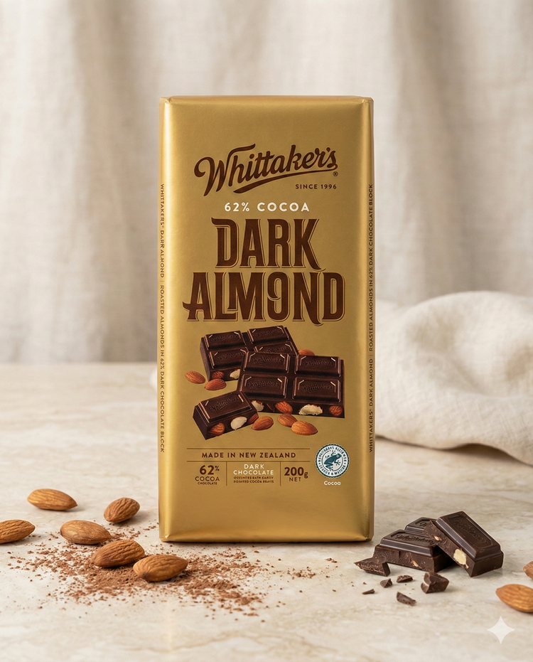 A gold-wrapped Whittaker Dark Almond 62% bar stands on a light surface, surrounded by whole almonds and chocolate pieces, with a beige cloth in the background.