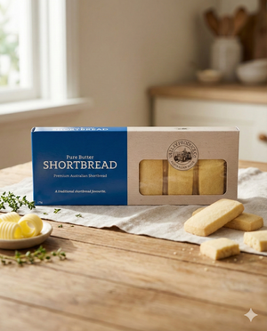 A box of Valley Produce Company Pure Butter Shortbread is on a kitchen table beside shortbread pieces and butter curls, with herbs and a cozy kitchen background.