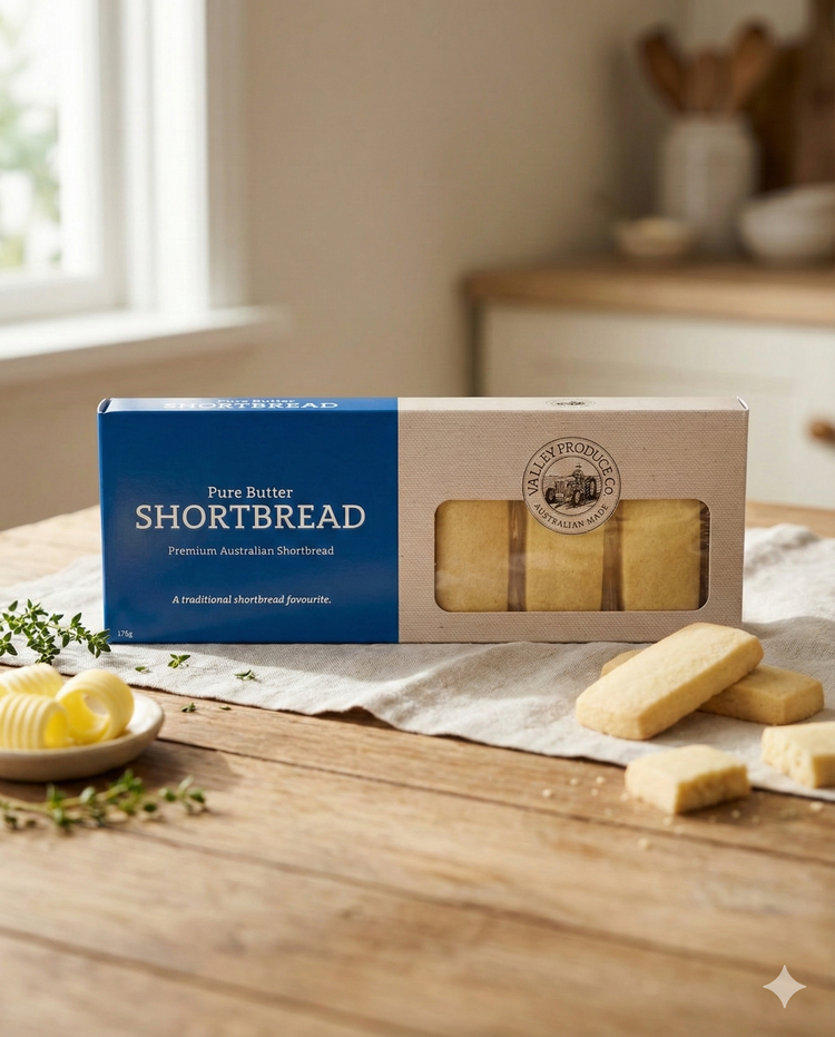 A box of Valley Produce Company Pure Butter Shortbread is on a kitchen table beside shortbread pieces and butter curls, with herbs and a cozy kitchen background.