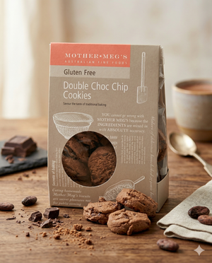 A box of Mother Megs Double Chocolate Chip Cookies rests on a wooden table, surrounded by cookies, chocolate chunks, and cocoa beans. Some cookies are placed on a napkin next to the box.