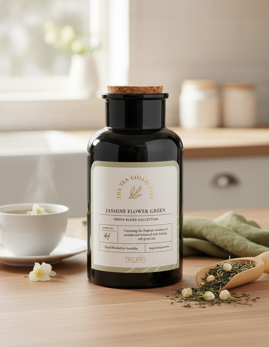 A dark glass jar of The Tea Collective's Jasmine Flower Green sits on a wooden table beside a steaming teacup, loose tea leaves, and jasmine flowers, creating a calm and inviting tea scene.