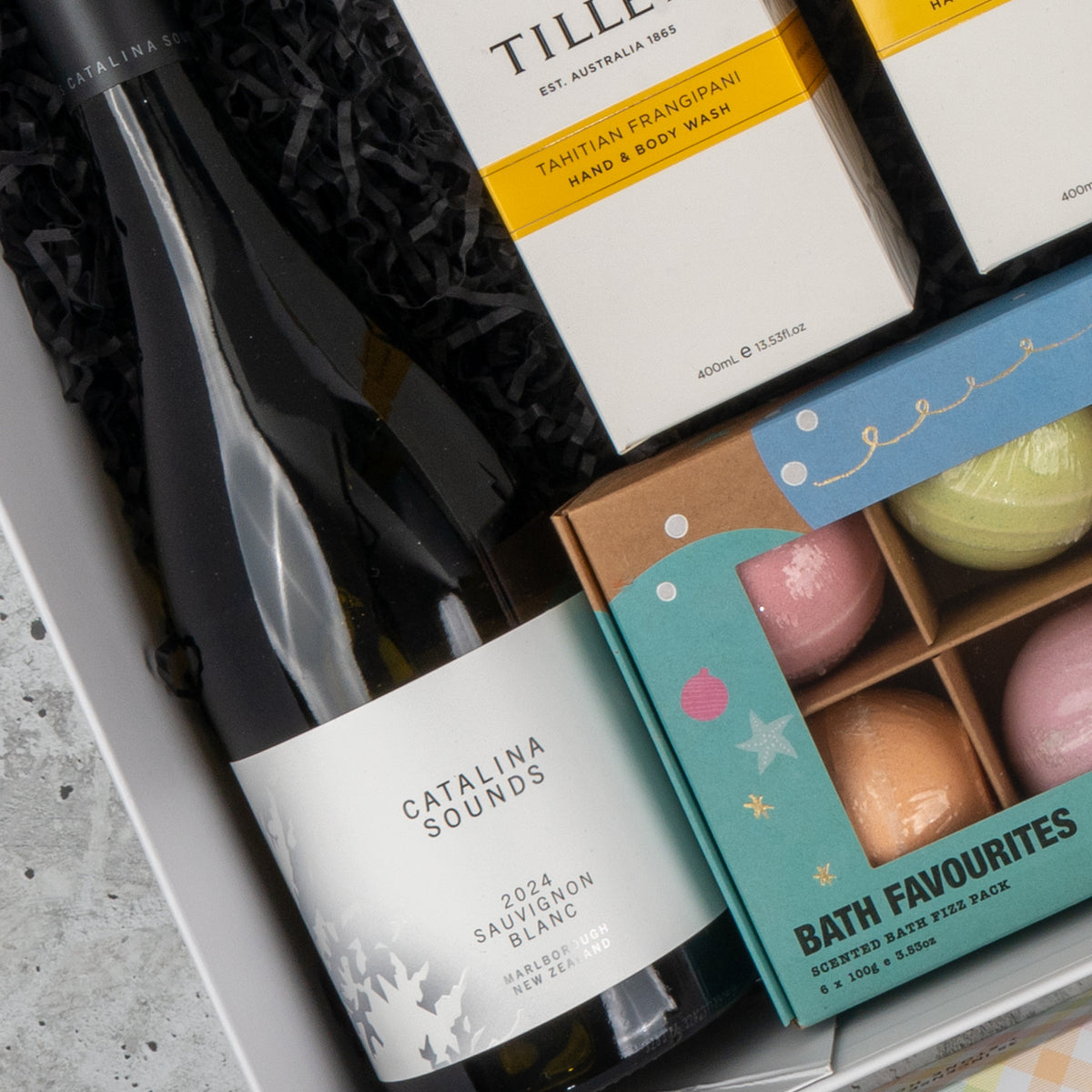 White Wine and Pamper: white wine, Tilley hand and body wash and Bath Favourites fizzers