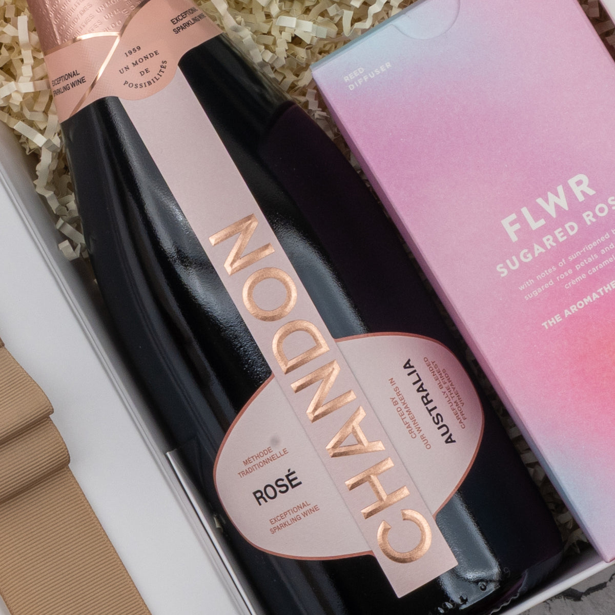 Chandon Rosé Pamper Hamper: Chandon Rosé beside a pink Flwr Sugared Rose box